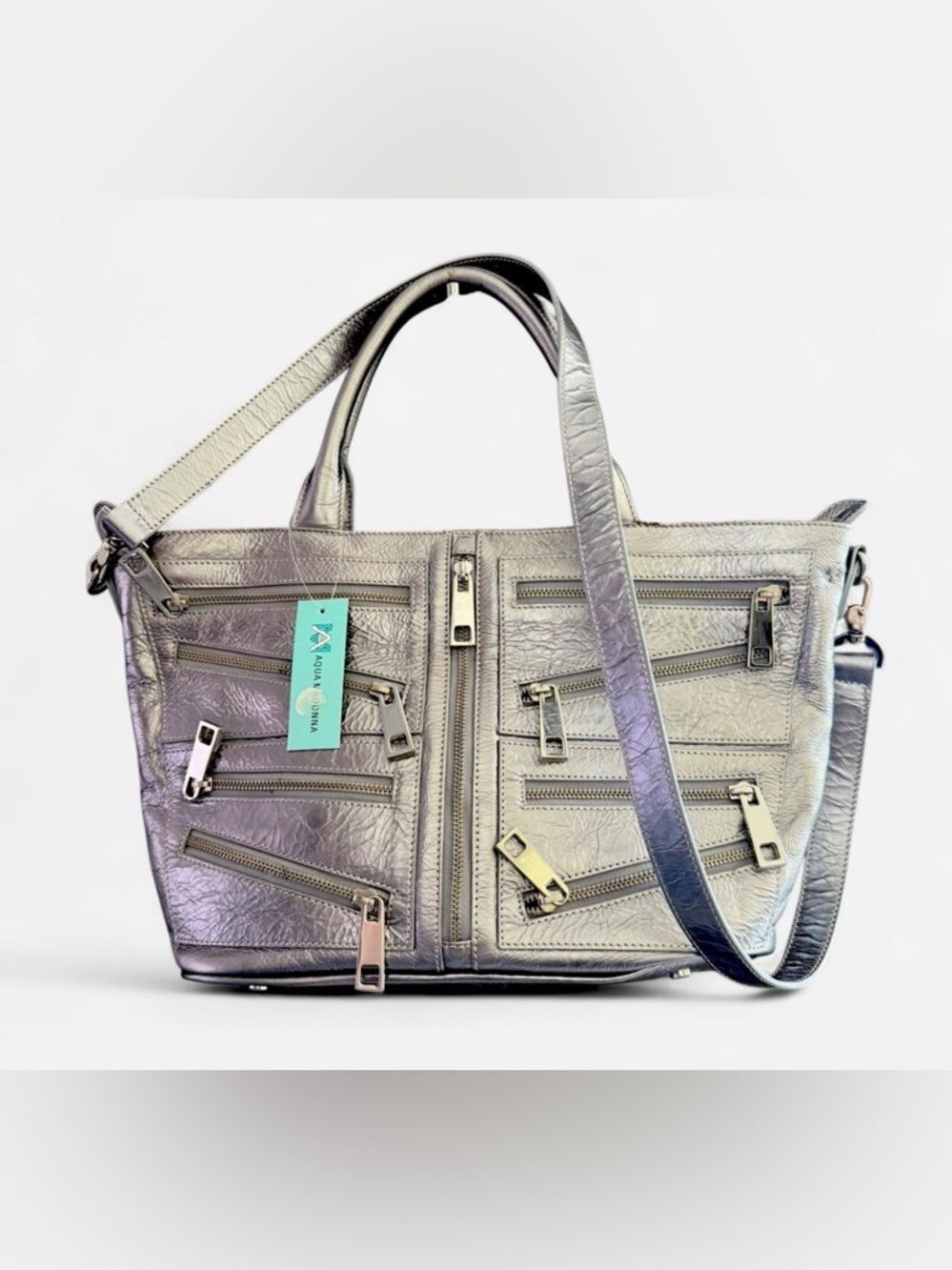NWT Aqua Madonna Metallic Silver Multi-Zip Tote